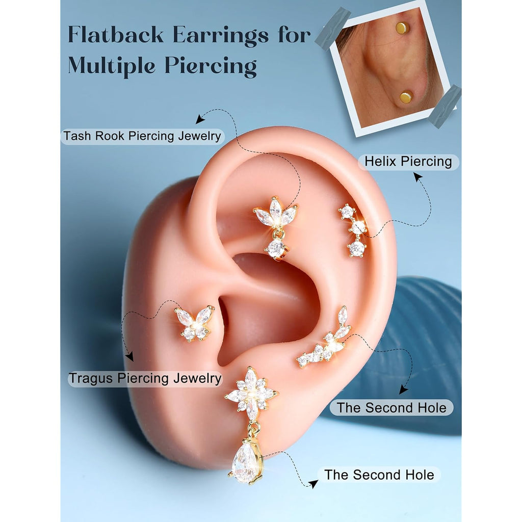 LOLIAS Hypoallergenic Cartilage Earrings for Women Flat Back-925 Sterling Silver Post Stud Flatback Earrings for Sensitive Ears-20G Ear Crawler Climber Cartilage Earring Tragus Conch Helix Piercing Jewelry