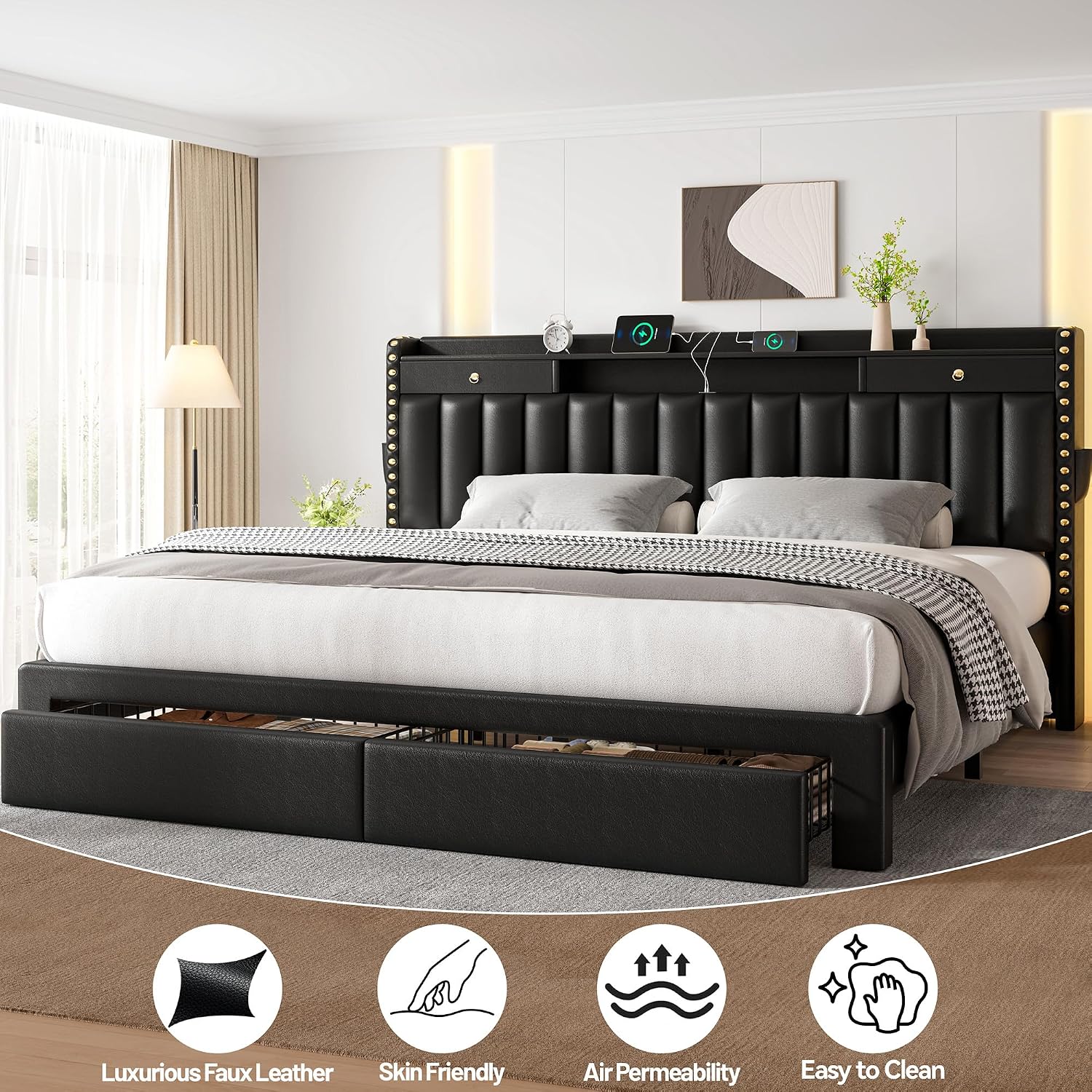 Cypbed King Size Bed Frame With 2 Tier Storage Headboard, Upholstered King Bed Frame With 4-Storage Drawers, 3 Usb & Type-C Charging Ports,Solid Wood Slats,No Box Spring Needed,Noise-Free, Black,Gift