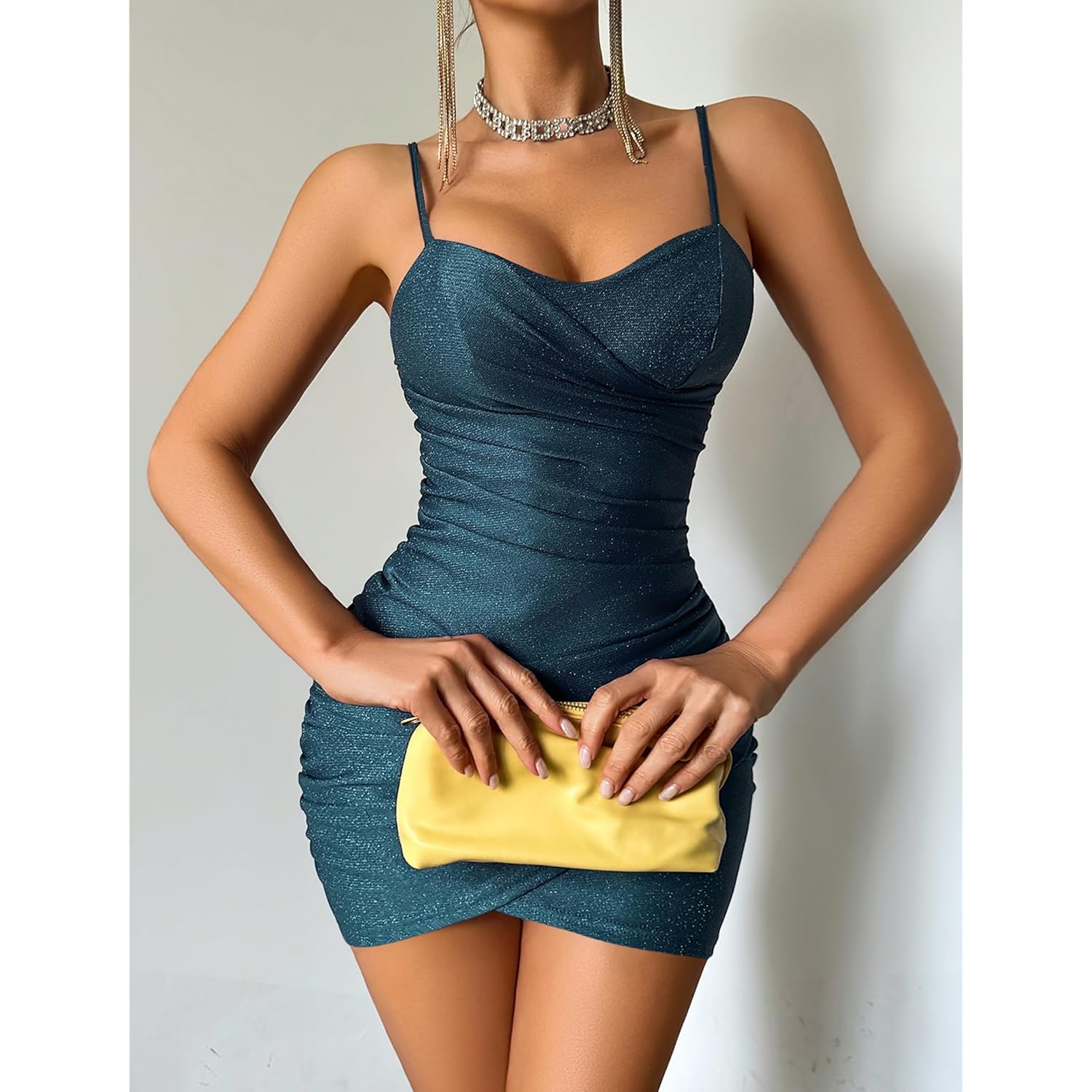 Women's Sexy Bodycon Mini Dress 2026 Glitter Spaghetti Strap Cross V Neck Ruched Party Club Night Out Dresses