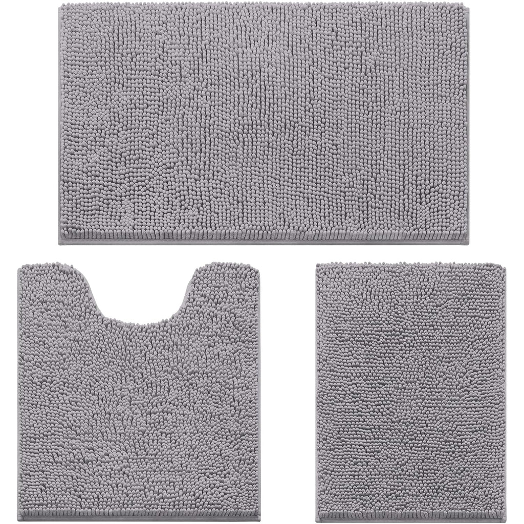 HOMEIDEAS 3 Pieces Bathroom Rugs, Soft Thick Absorbent Chenille Bath Mats, Washable Non-Slip Floor Rugs for Shower & Bath, Grey
