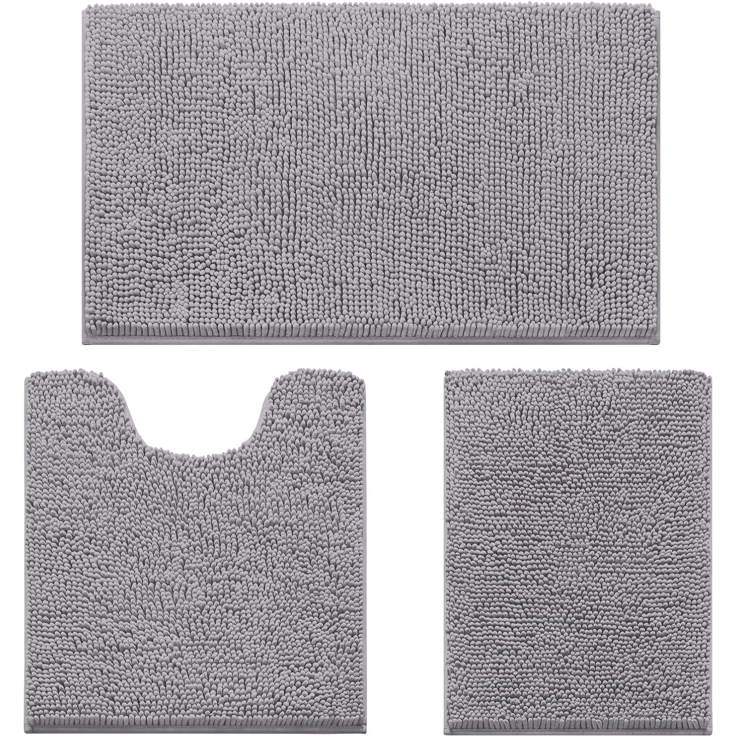 HOMEIDEAS 3 Pieces Bathroom Rugs, Soft Thick Absorbent Chenille Bath Mats, Washable Non-Slip Floor Rugs for Shower & Bath, Grey
