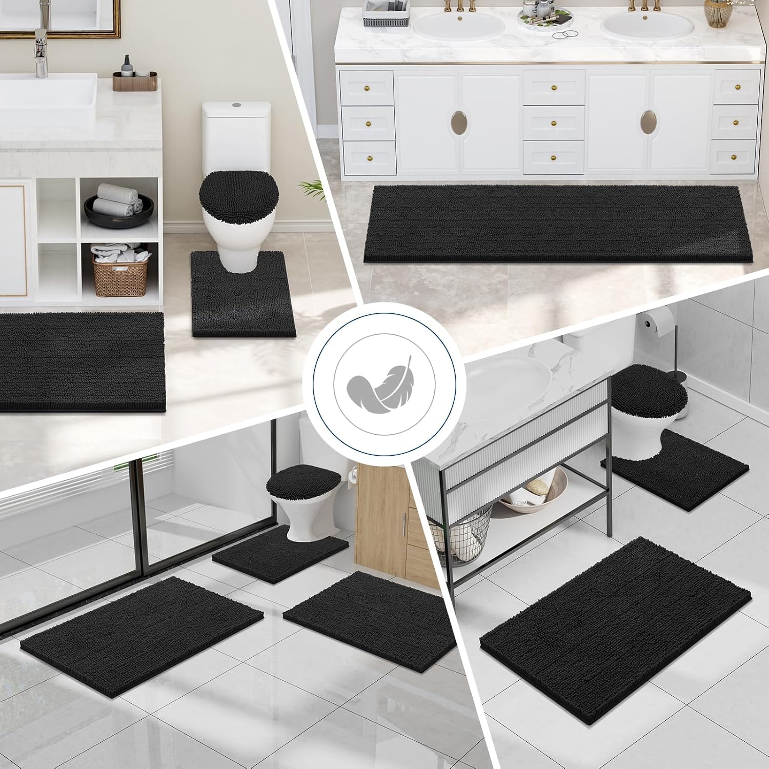 Smiry Bathroom Rugs Sets 2 Piece, Soft Absorbent Chenille Machine Washable Non Slip Shaggy Bath Rug Set for Tub, Shower, and Floor (30x20+24x16, Black)