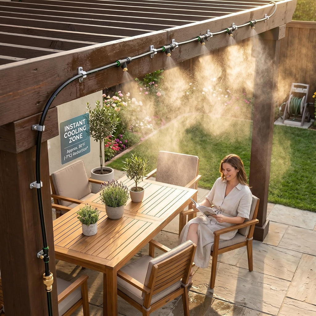 Misters For Outside Patio 63Ft(19.2M)+21 Brass Mist Nozzles+A Brass Adapter(3/4") Detachable Outdoor Misting Cooling System For Garden, Waterpark, Greenhouse, Backyard, Fan, Umbrella, Deck, Canopy