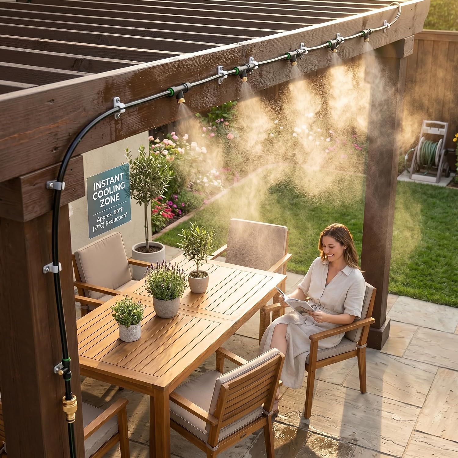 Misters For Outside Patio 63Ft(19.2M)+21 Brass Mist Nozzles+A Brass Adapter(3/4") Detachable Outdoor Misting Cooling System For Garden, Waterpark, Greenhouse, Backyard, Fan, Umbrella, Deck, Canopy
