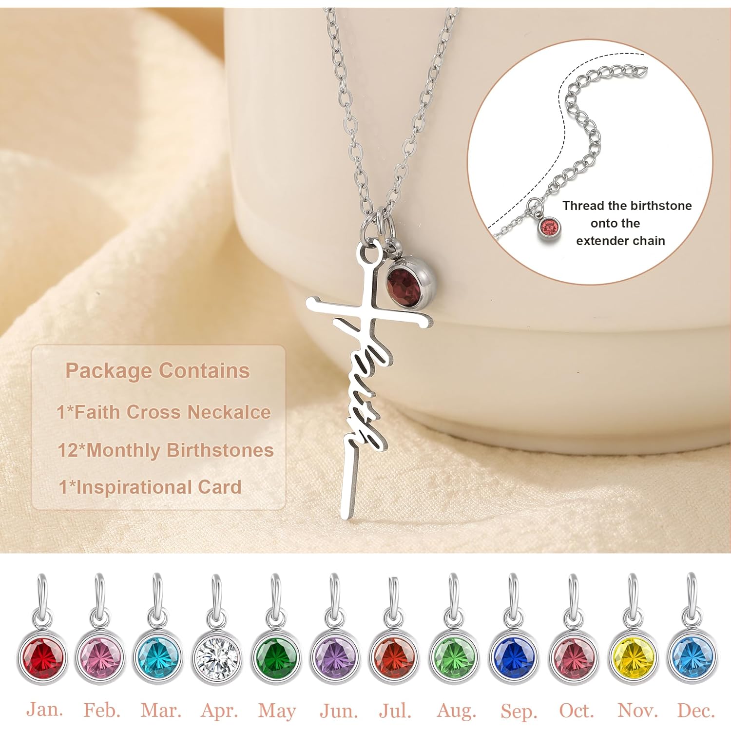 Mothers Day Gifts for Mom, Faith Cross Pendant Necklace with Birthstone Religious Christian Jewelry Personalized Mothers Day Birthday Gifts for Women Mom Grandma