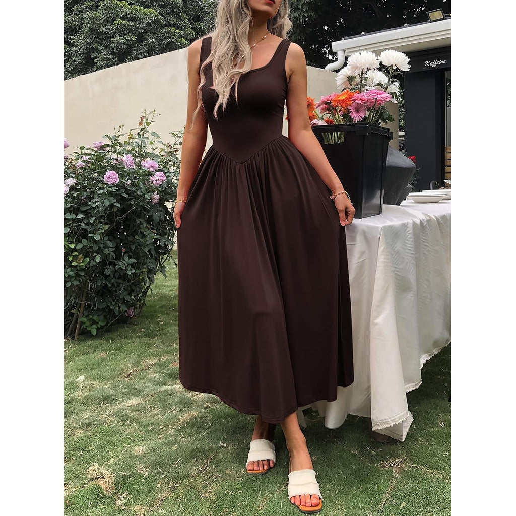 Mieazom Women'S Summer Maxi Dress 2026 - Sleeveless Square Neck Casual Beach Sundress With Pockets, Flowy Patchwork Knit