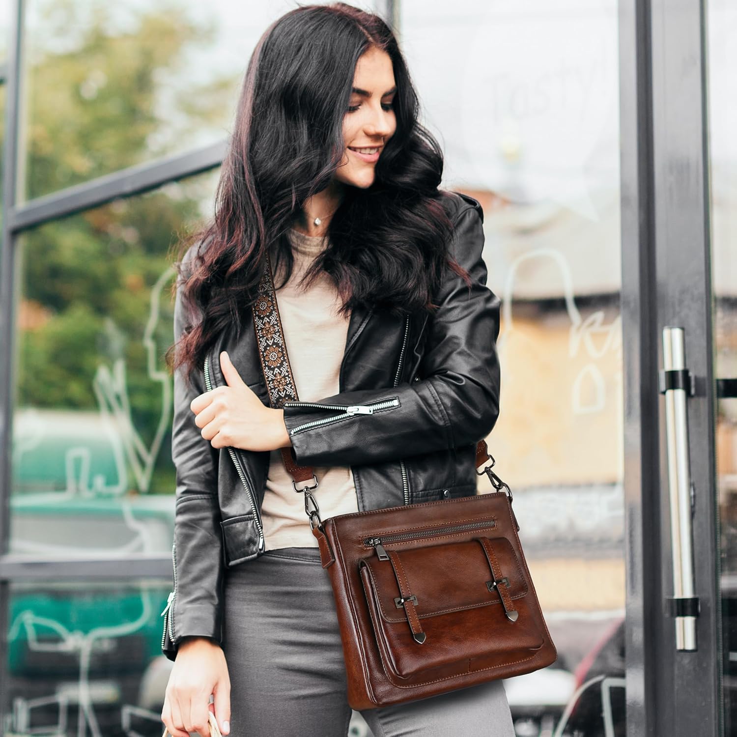 Iswee Soft Leather Crossbody Bags for Women Shoulder Handbags Multi Pocket Travel Purse with Adjustable Strap Medium Size