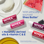 Nivea Lip Care, Fruity Tinted Lip Balm Variety Pack, Cherry, Strawberry, Blackberry And Watermelon Flavors, 3-In-1 Moisture, Repair And Color, 0.17 Oz Stick, Pack Of 4