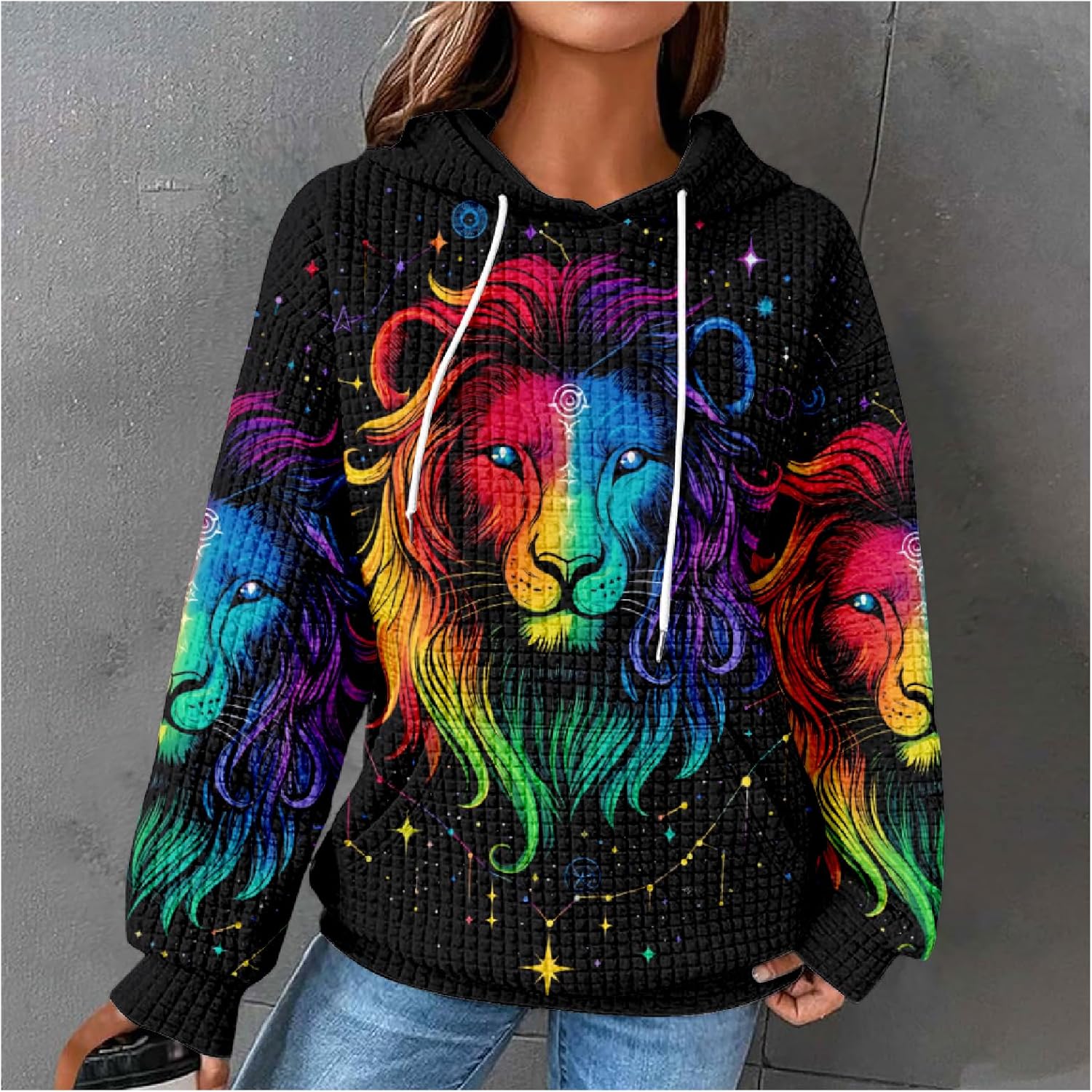 Constellation Zodiac Graphic Hoodies for Women Gothic Waffle Sweatshirt Loose Casual Drawstring Fall Pullover