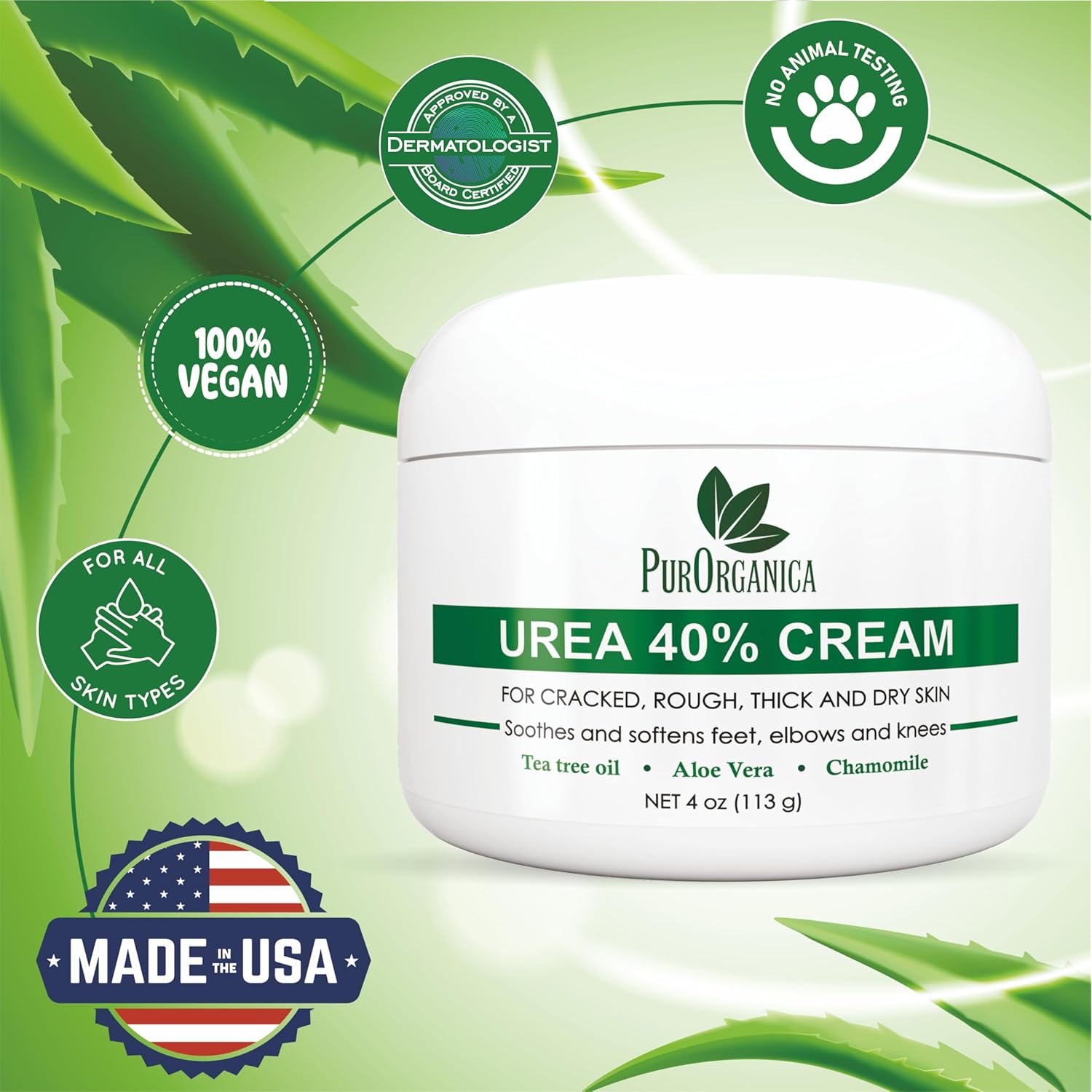 PurOrganica Urea 40% Foot Cream – Made in USA, Dermatologist Tested, Intensive Repair for Dry, Cracked Heels, Corns, Calluses & Rough Feet, Professional Strength Exfoliating & Moisturizing Cream