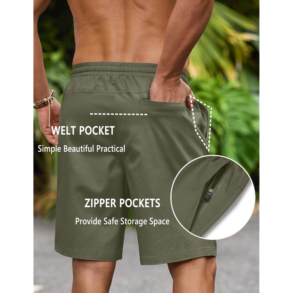 Coofandy Mens 9" Casual Shorts With Zipper Pocket Elastic Waist Drawstring Chinos Short Summer Lightweight Cotton Shorts