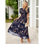 Simplee Womens Casual Floral Summer Maxi Dress 2026 Boho Flowy Short Sleeve Crew Neck Vacation Smocked Chiffon Dresses