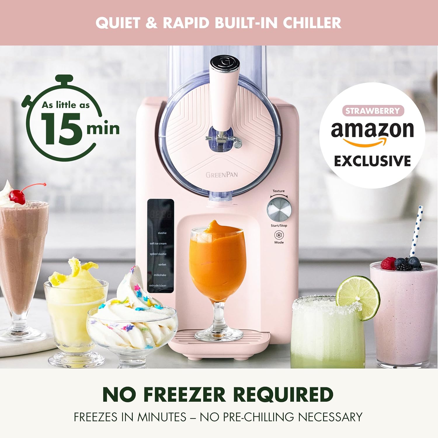 GreenPan Frost Ice Cream Maker & Slushie Machine, Soft Serve, Sorbet, Margaritas, Milkshakes, Frozen Yogurt, No Pre-Freezing, Ready in 15 Mins, 6 Modes, 7 Textures, Self-Cleaning, Family Size, Pink