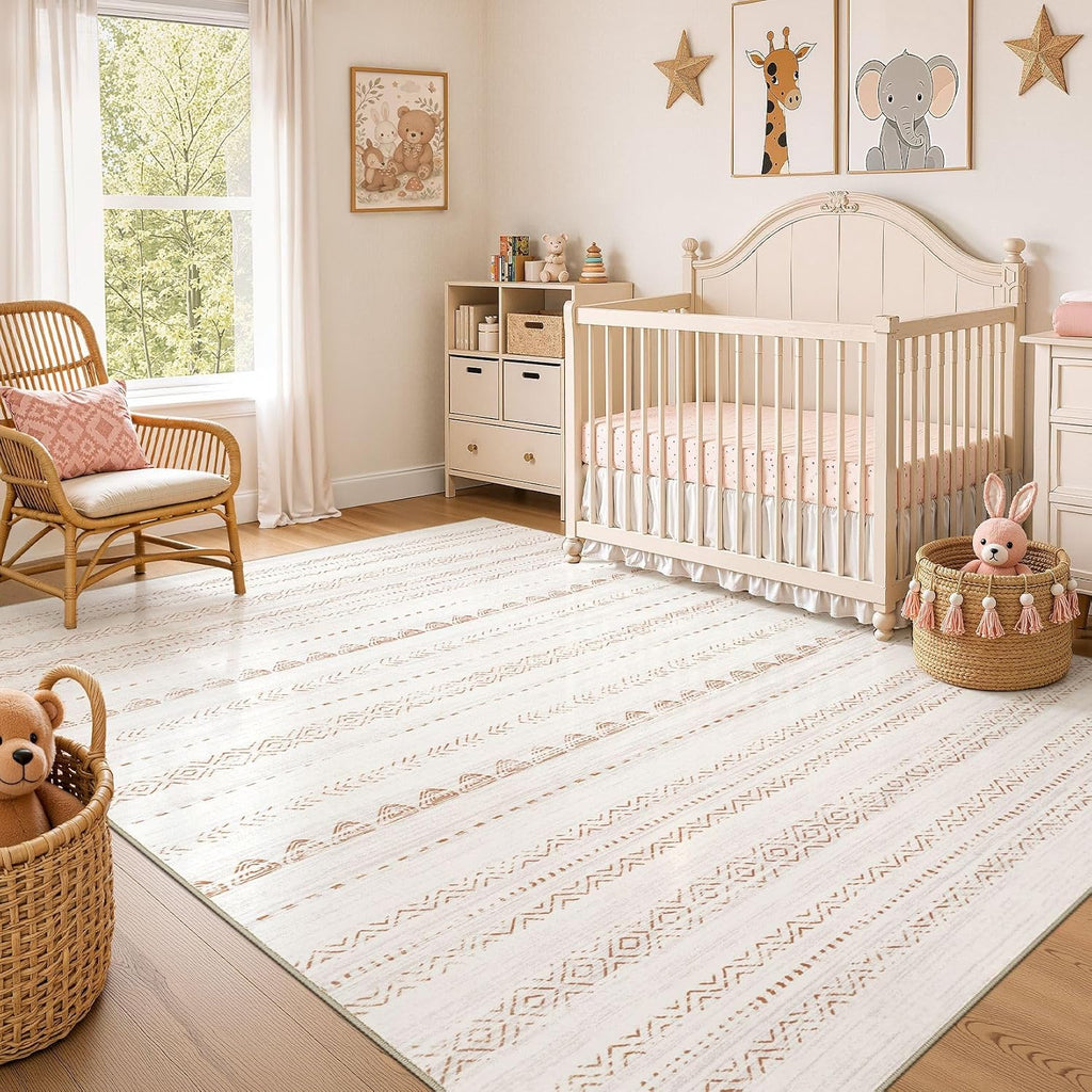 Area Rug Living Room Rugs: 5X7 Large Soft Machine Washable Boho Moroccan Farmneutral Stain Resistant Indoor Floor Carpet For Bedroom Under Dining Table Home Office Decor-Cream Brown