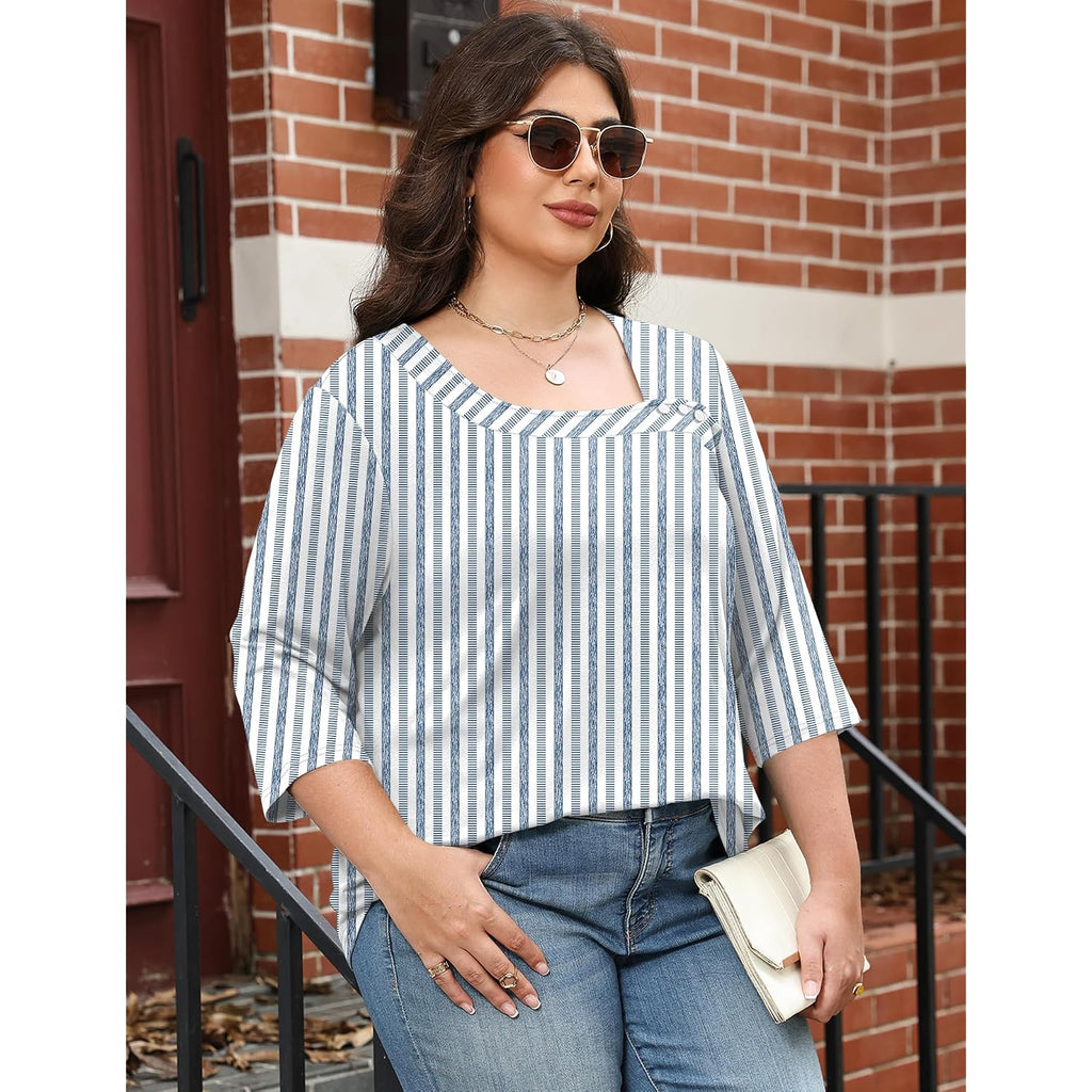 Lomon Womens Plus Size Tops 3/4 Length Sleeve T Shirts Asymmetrical Neck Blouses For Women Fashion 2026