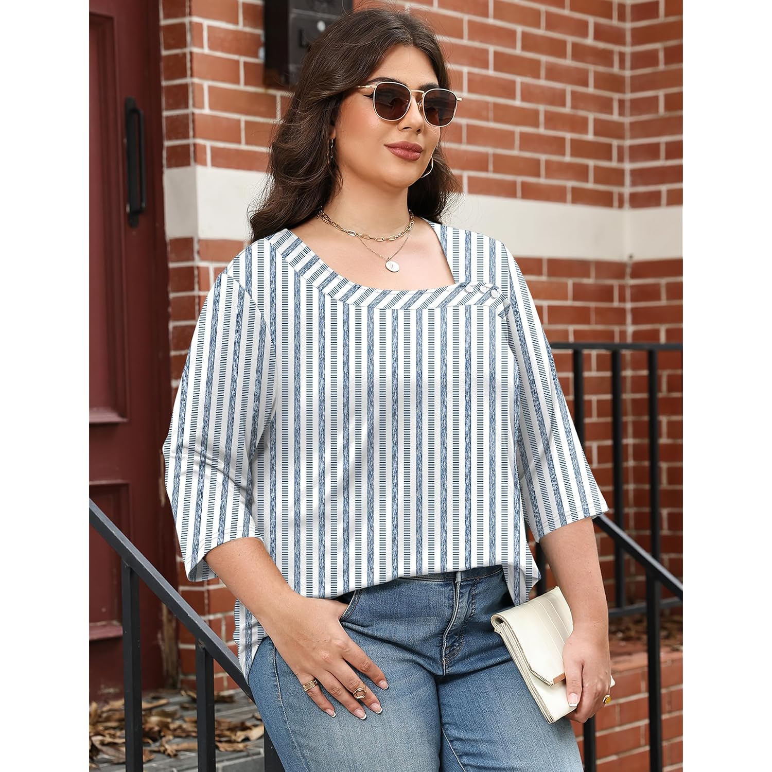 Lomon Womens Plus Size Tops 3/4 Length Sleeve T Shirts Asymmetrical Neck Blouses For Women Fashion 2026