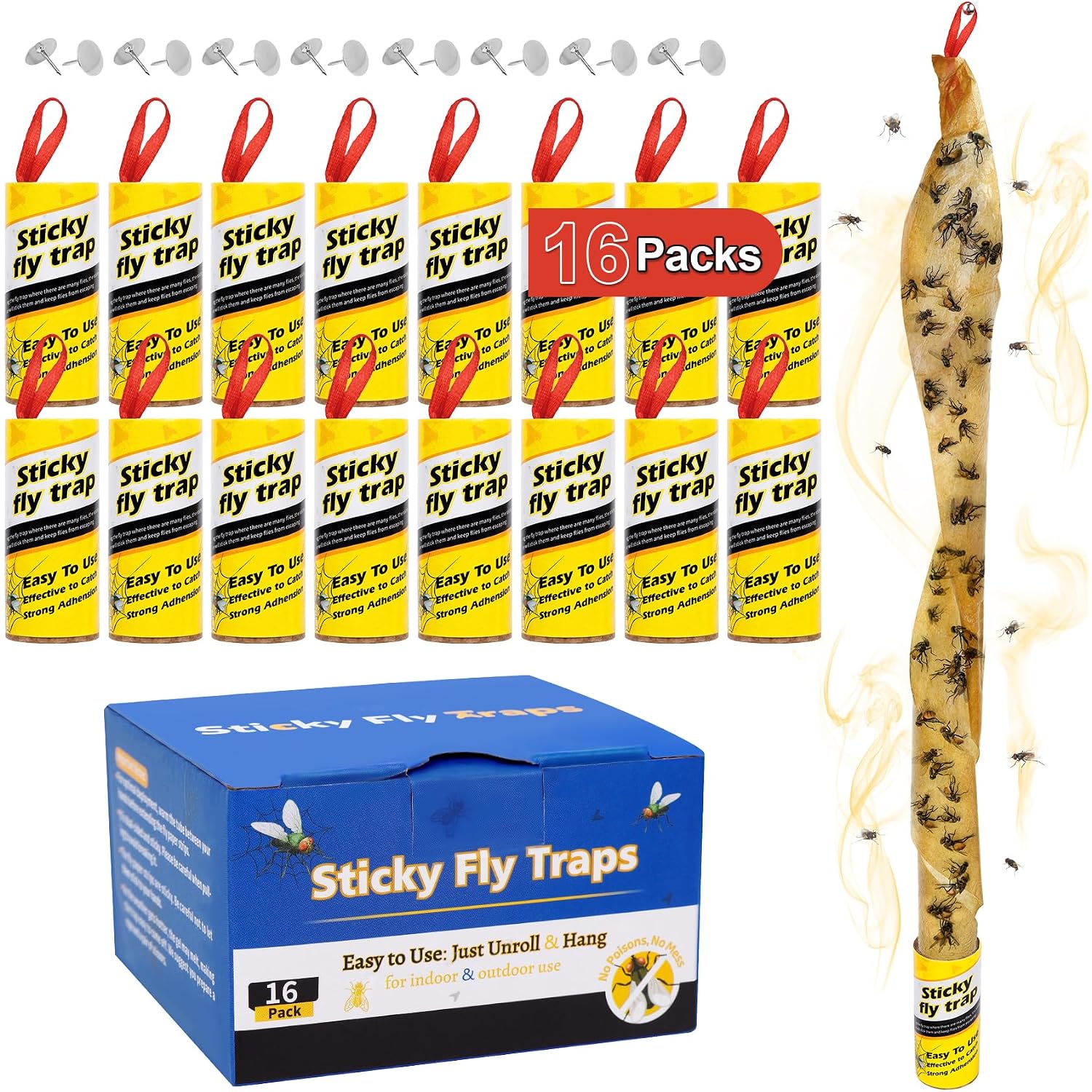 16 Pack Fly Strips Indoor Hanging Fly Trap Outdoor Sticky With Pins | Gnat Traps Fly Paper Tape Catcher Ribbon For Winged Insect & Mosquito For Orchard Farm Garage Kitchen