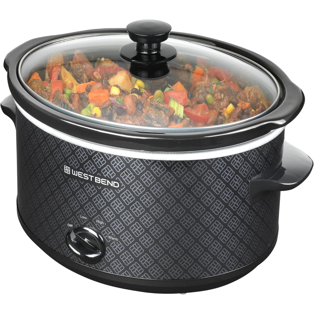West Bend Slow Cooker 4-Quart Manual Crockery Style With Dishwasher Safe Oval Ceramic Crockpot And Glass Lid Two Temperature Settings Plus Keep Warm, 210-Watts, Black
