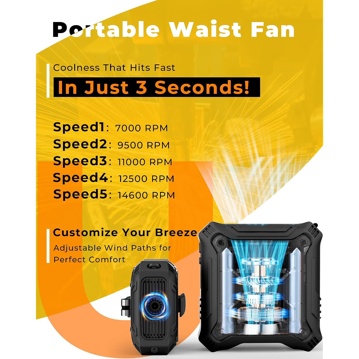 Tunise Portable Fan With 5-Speed Settings, Dual-Sided Clip On Wearable Belt Waist Fan For 8000Mah, 2 Settings Including Flashlight,Travel Essential For Outdoor Camping As Power Bank