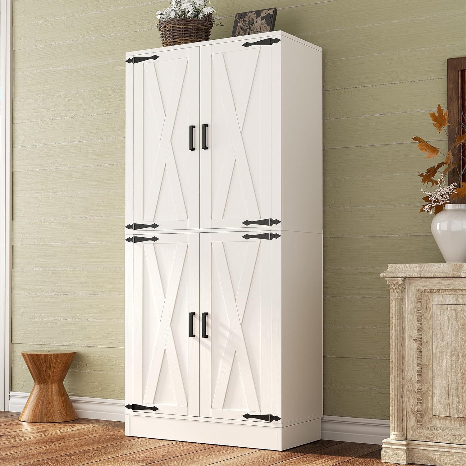 Unikito 71" Tall Kitchen Pantry Storage Cabinet With Farmhouse Barn Doors And Storage Drawer, 4 Adjustable Shelves, Freestanding Cupboard For Dining Room, Living Room, Utility Room, White