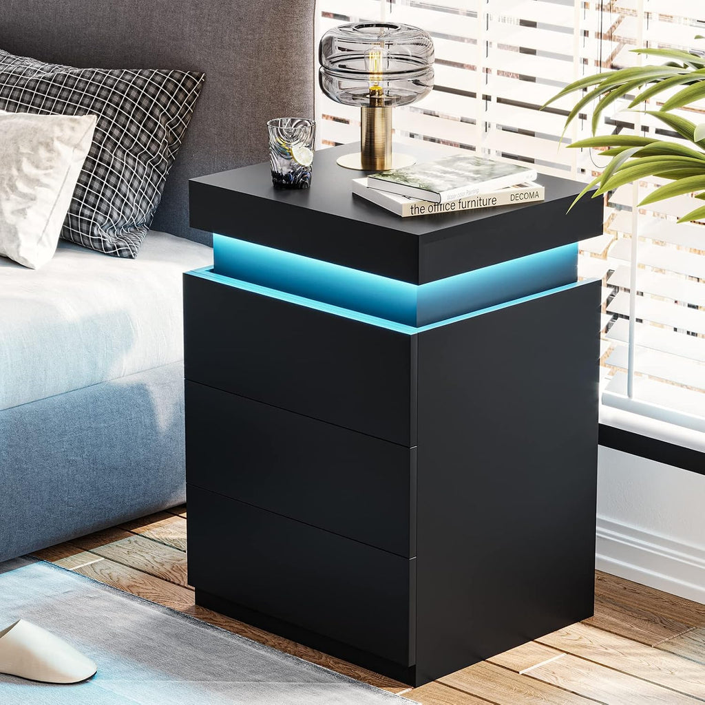 Adorneve Black Nightstand With Charging Station And Led Lights | Modern Night Stand With Sliding Top,Bedside Table With Drawers,Bed Side Tables Bedroom