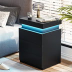 Adorneve Black Nightstand With Charging Station And Led Lights | Modern Night Stand With Sliding Top,Bedside Table With Drawers,Bed Side Tables Bedroom