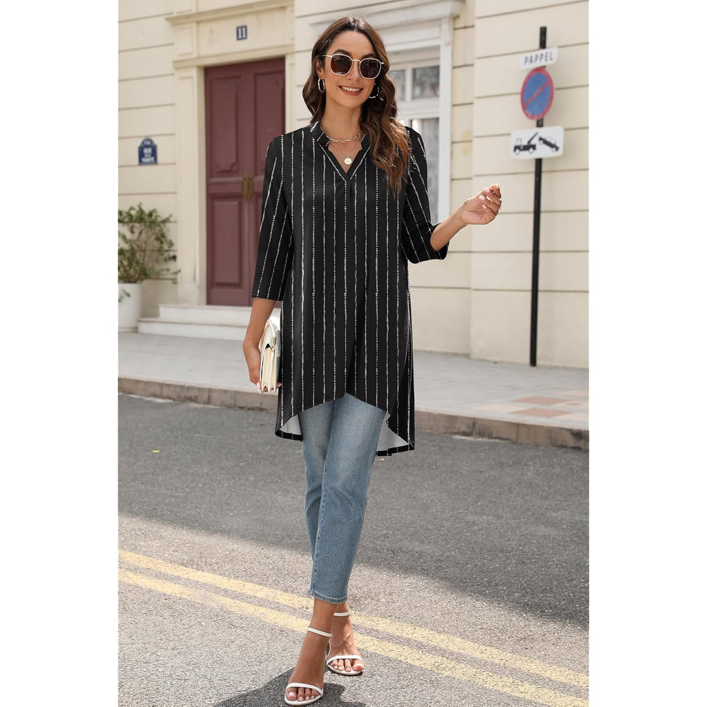 Women's 3/4 Sleeve Notch V Neck High Low Loose Fit Long Tunic Tops Shirts Blouses M-3XL