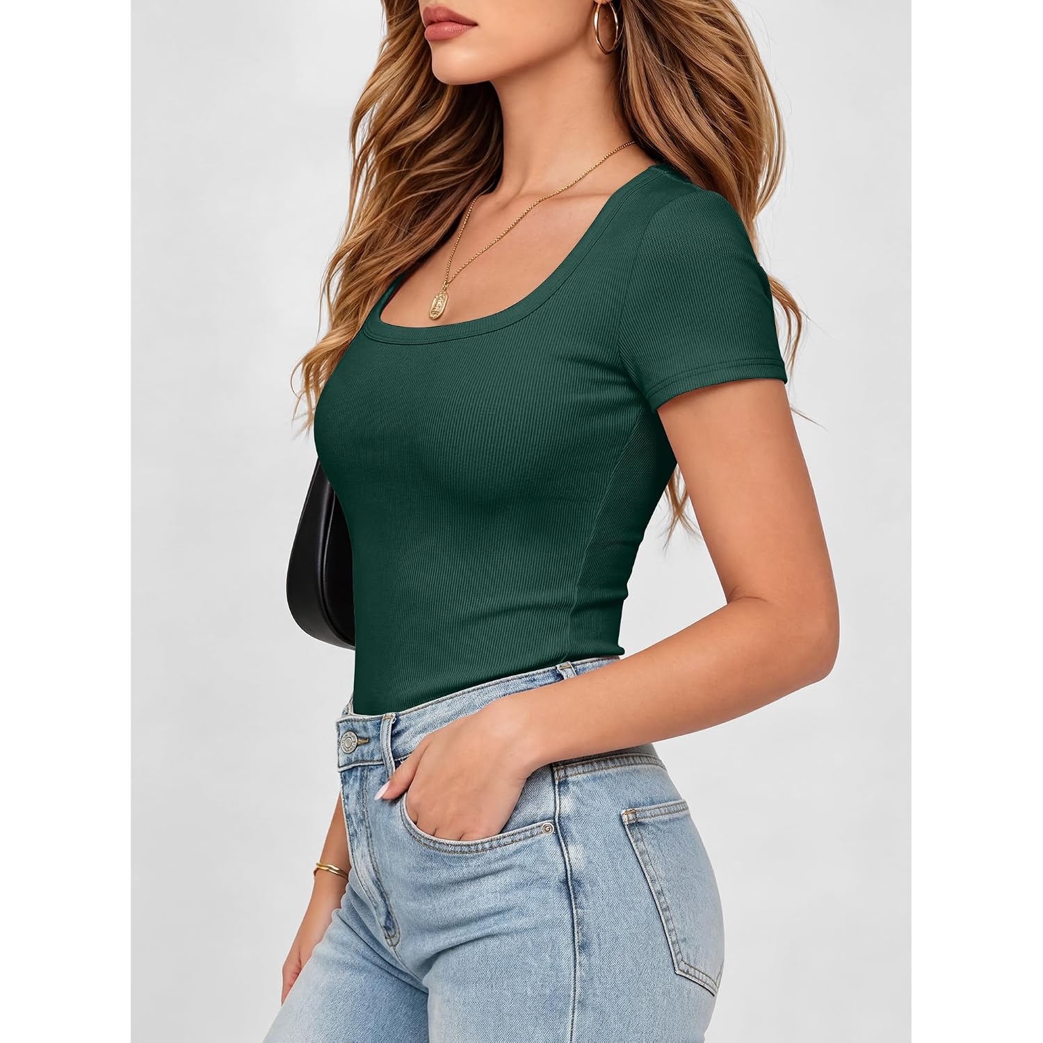 Anrabess Women Short Sleeve Tops Scoop Neck Ribbed Knit Slim Fitted Basic Tee Shirt Casual Summer Clothes 2026 Spring Outfits