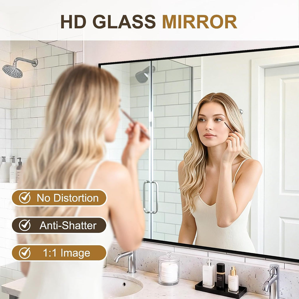 Rectangular Bathroom Mirror, 55"X30" Black Metal Framed Vanity Mirror, Hd Shatterproof Wall Mirror, Horizontal Or Vertical Hanging, Easy Installation For Bathroom, Bedroom, Living Room, Entryway