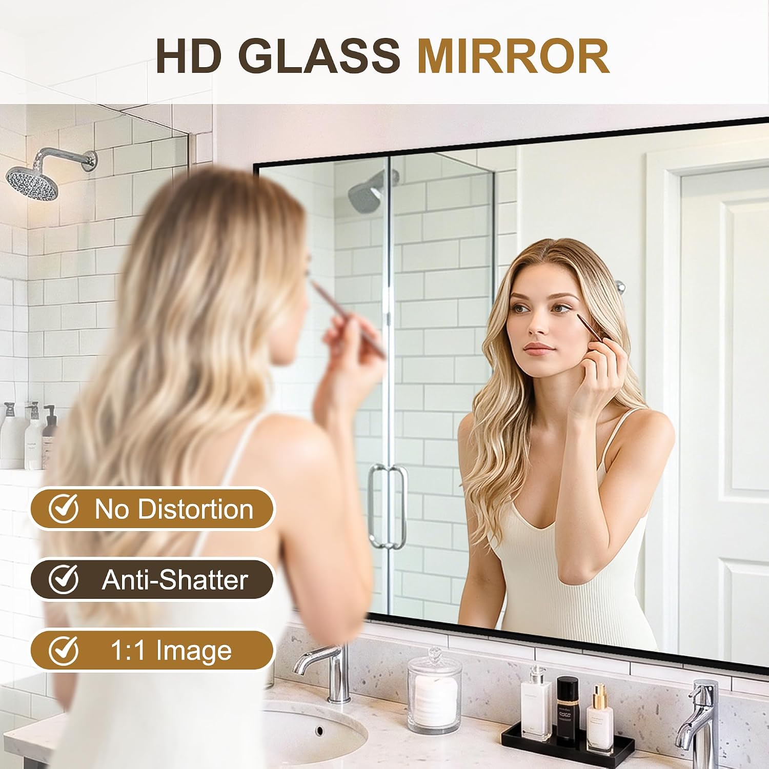 Rectangular Bathroom Mirror, 55"X30" Black Metal Framed Vanity Mirror, Hd Shatterproof Wall Mirror, Horizontal Or Vertical Hanging, Easy Installation For Bathroom, Bedroom, Living Room, Entryway