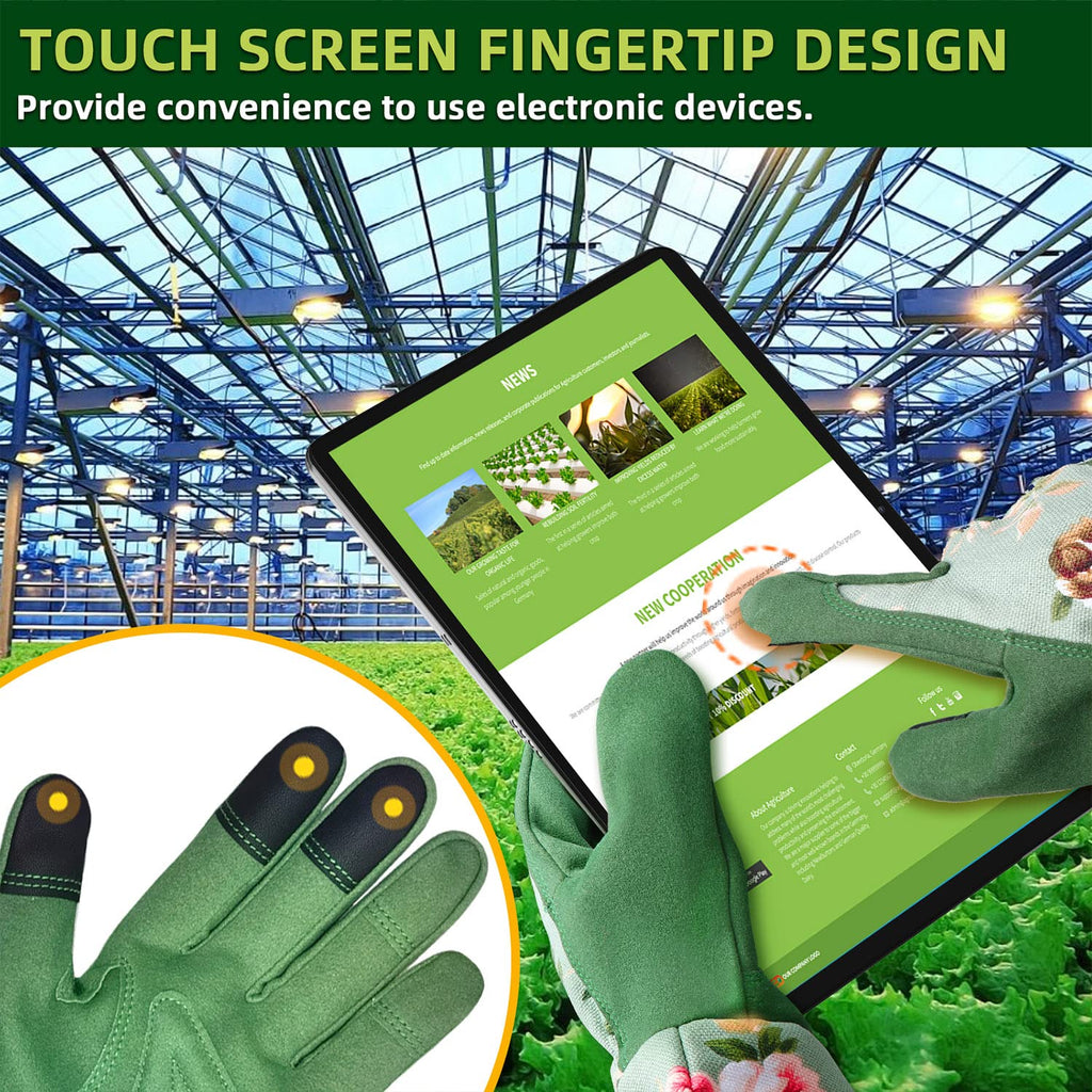 Wanchi Gardening Gloves, Durable And Comfortable Women'S Long Garden Gloves For Gardening Work And Yard Work, Leather Gardening Gloves For Women, Green Print (Medium)