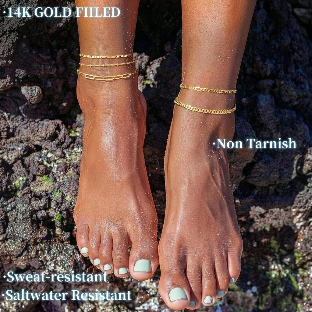Gokeey Ankle Bracelets for Women, 14k Gold Plated Jewelry Set Waterproof Layered Cuban Figaro Link Chain Anklets Set Gold Anklets Summer Boho Beach Jewelry Gift Adjustable Size