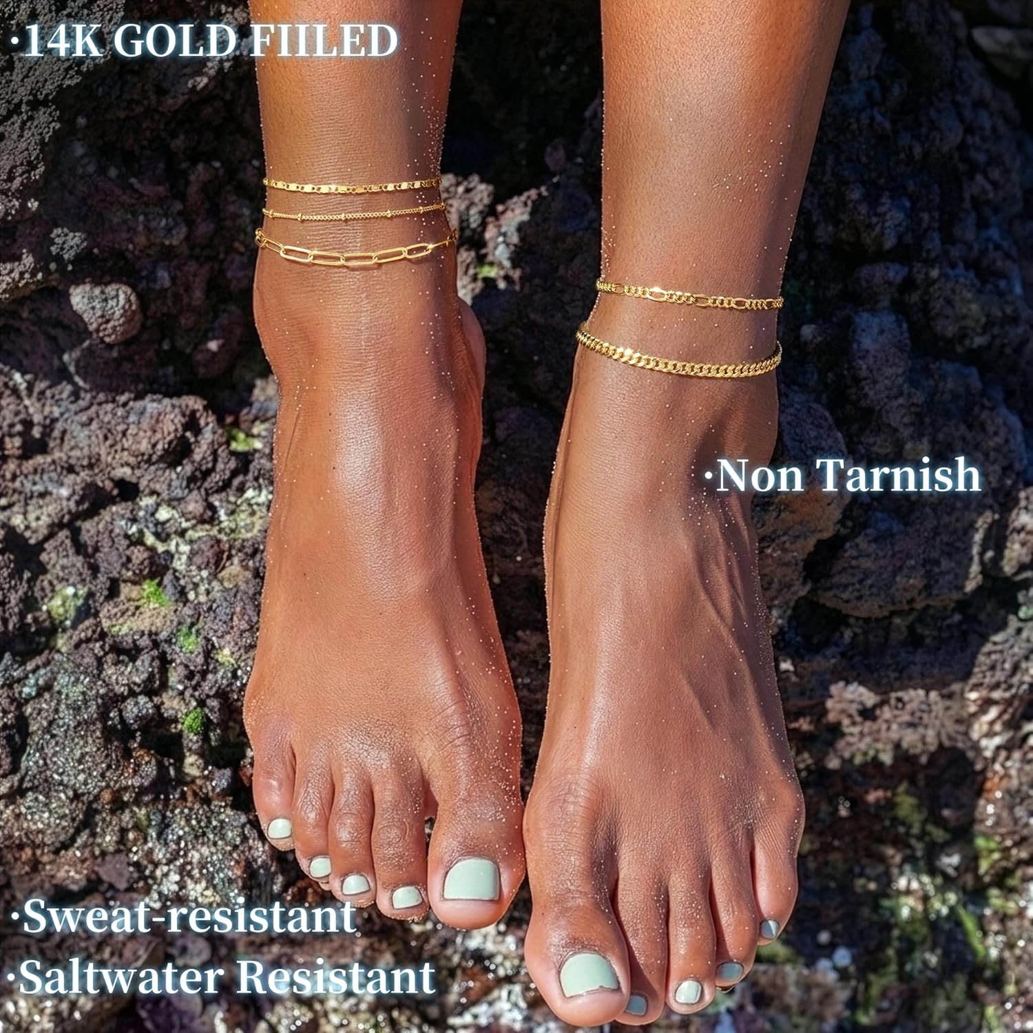Gokeey Ankle Bracelets for Women, 14k Gold Plated Jewelry Set Waterproof Layered Cuban Figaro Link Chain Anklets Set Gold Anklets Summer Boho Beach Jewelry Gift Adjustable Size