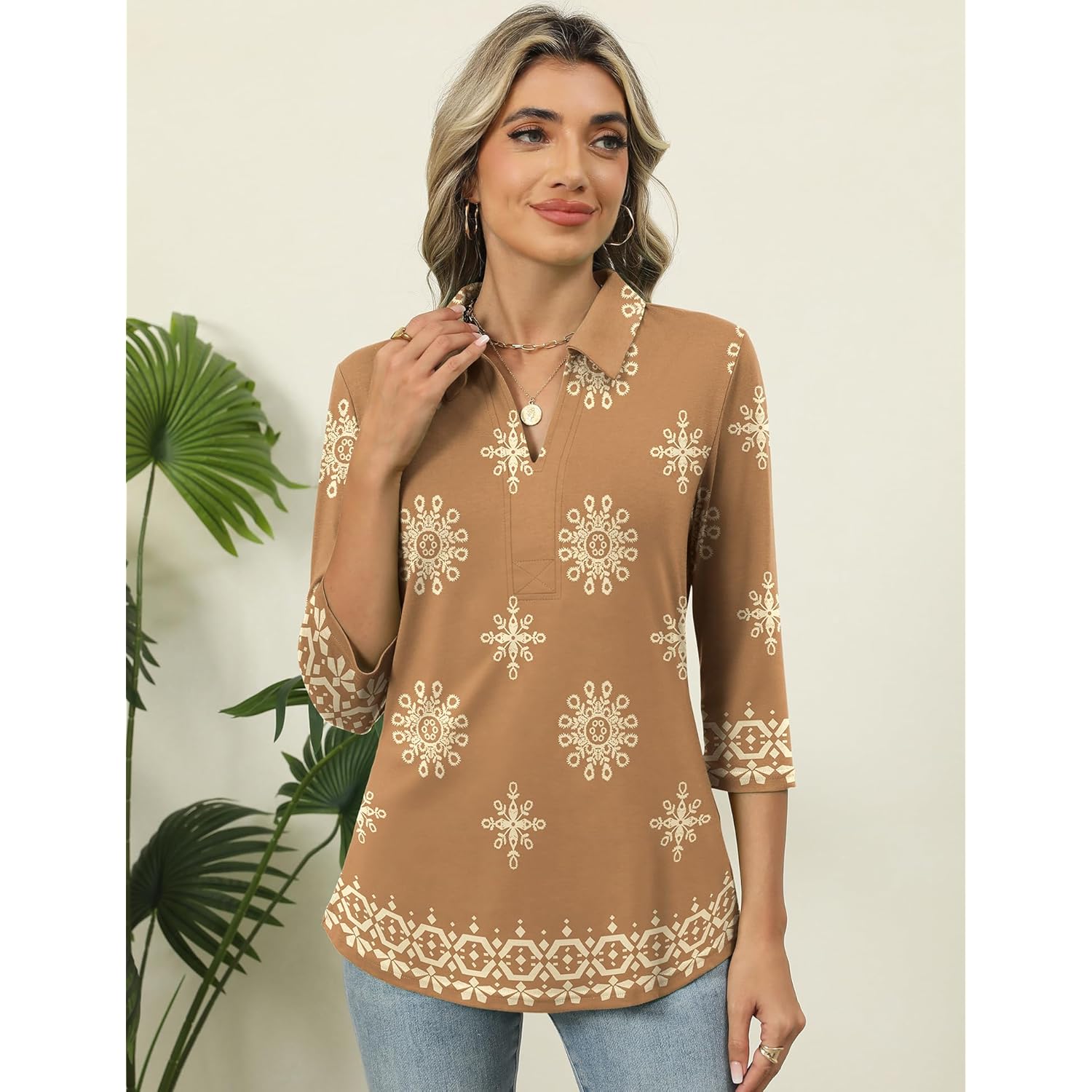 Women's 3/4 Length Sleeve V-Neck Collared Tops Summer Business Casual Work Polo Shirts 2025