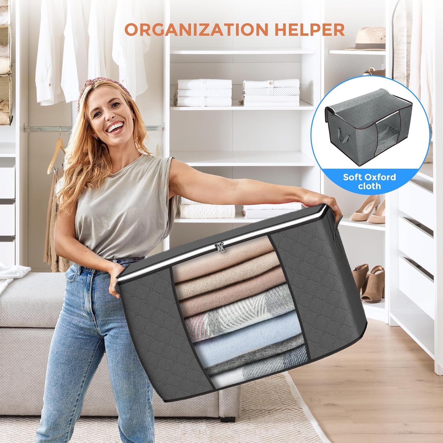 90L Large Storage Bags, 6 Pack Clothes Storage Bins Closet Organizers | Foldable Storage Containers, With Reinforced Handle, For Clothing, Blanket, Comforters, Bed Sheets, Pillows And Toys,Gray