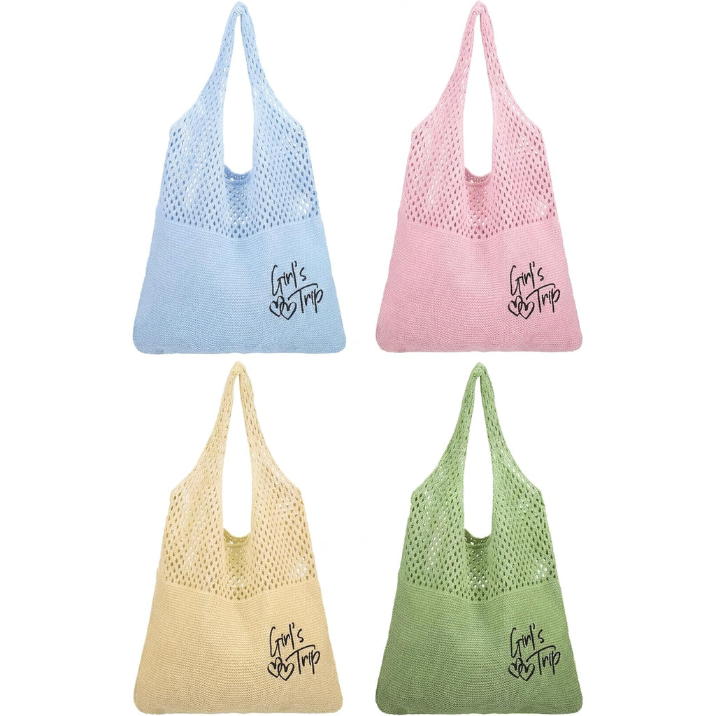 Patelai 4 Pcs Girls Trip Gifts Embroidered Beach Mesh Tote Bags For Women Summer Beach Mesh Tote Girls Weekend Trip Favors (Macaron)