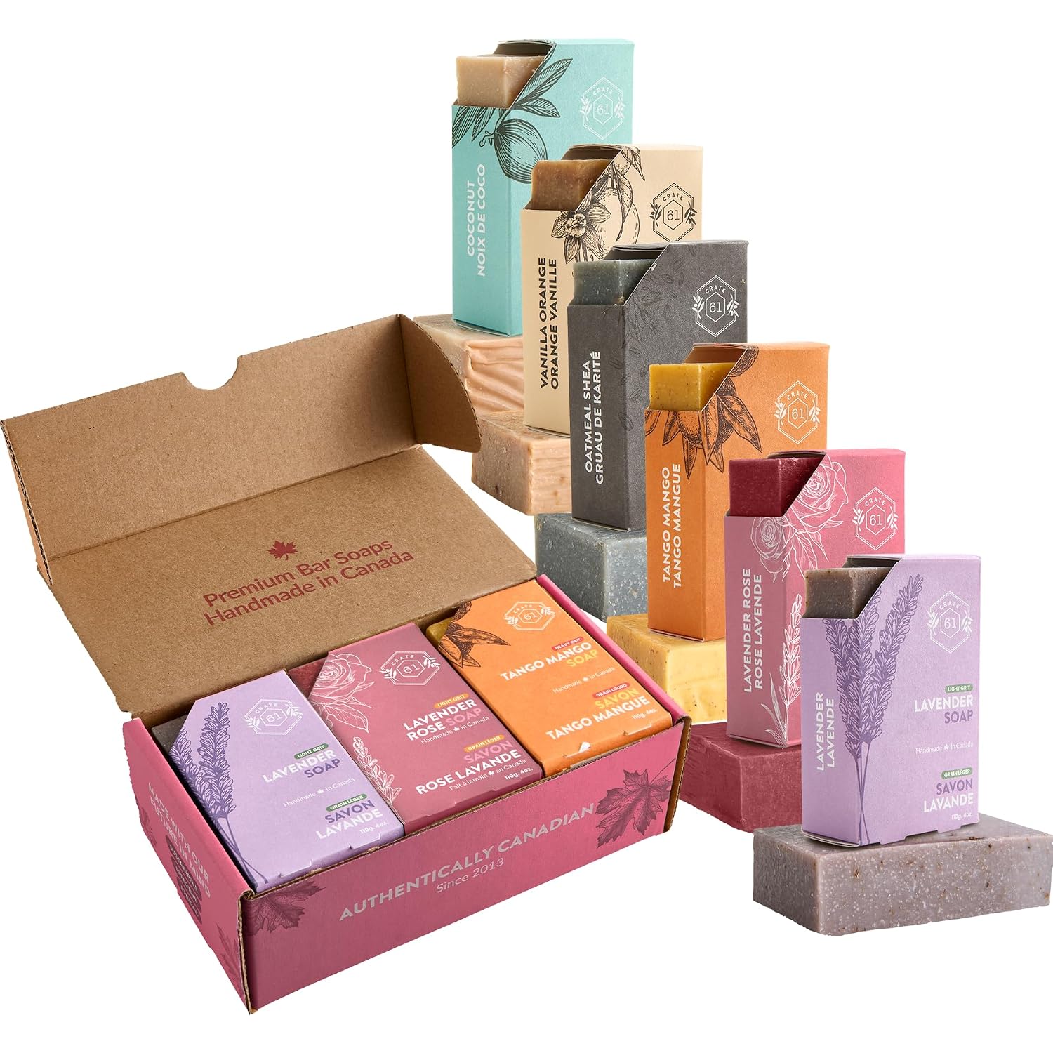 Crate 61, Handmade In Canada, Plant Based Cold Process Natural Bar Soap, With Premium Essential Oils, Dry Skin, Pack Of 6 (For Her)