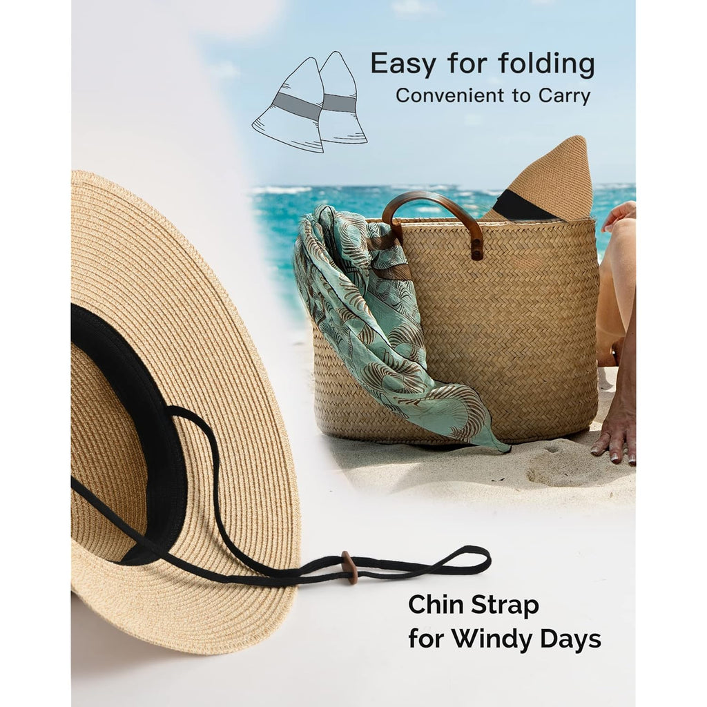 FURTALK Womens Beach Sun Straw Hat UV UPF 80+ Travel Foldable Brim Summer UV Hat