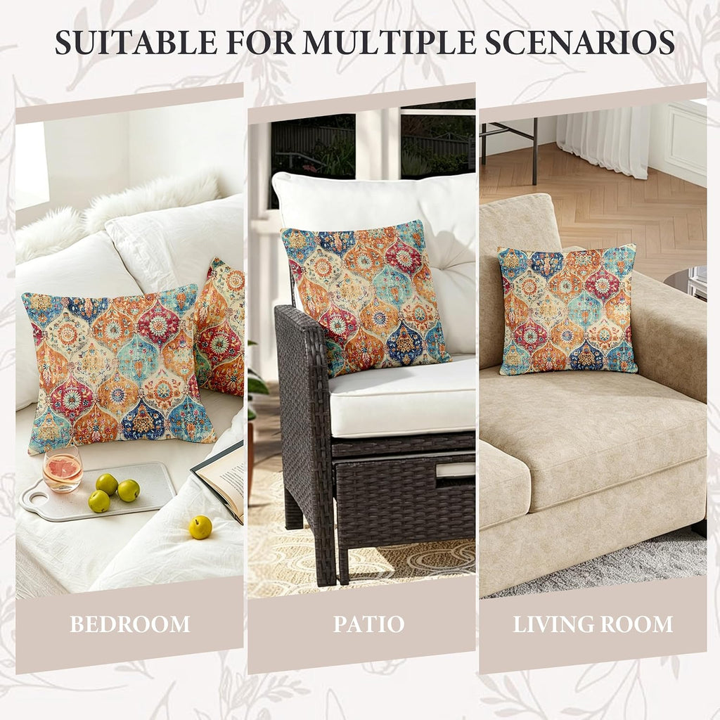 Boho Throw Pillow Covers 18X18 Inch Set Of 2,Soft Pillowcases Bohemia Carpet Printing Pattern Decorative Sofa Living Room Bed Square Pillow Case Cushion Cover-Cream Color