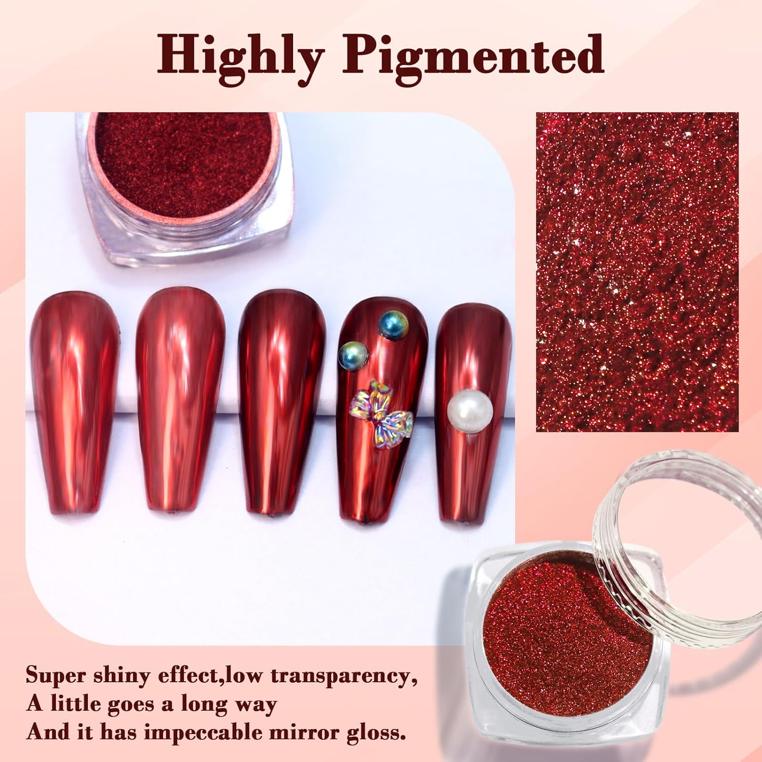 Chrome Nail Powder, Metallic Mirror Effect Chrome Powder Holographic Shimmer Glitter Dust Manicure Decoration Nail Art Pigment for DIY Gel Polish Nail Art, Resin Craft, Salon, Gifts - Red
