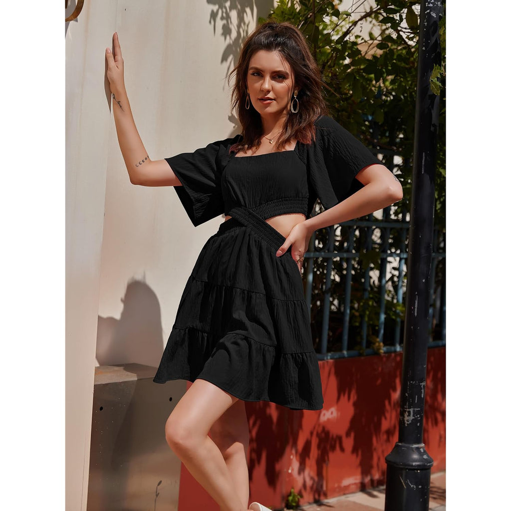 Wimsihal Women'S Summer Dresses Square Neck Casual Short Sleeves Elastic Waist Party Mini Dress