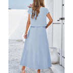Hangnifang Summer Skirt Sets Women 2 Piece Outfits Cap Sleeve Top Elastic Waist Maxi Dress Sets With Pockets