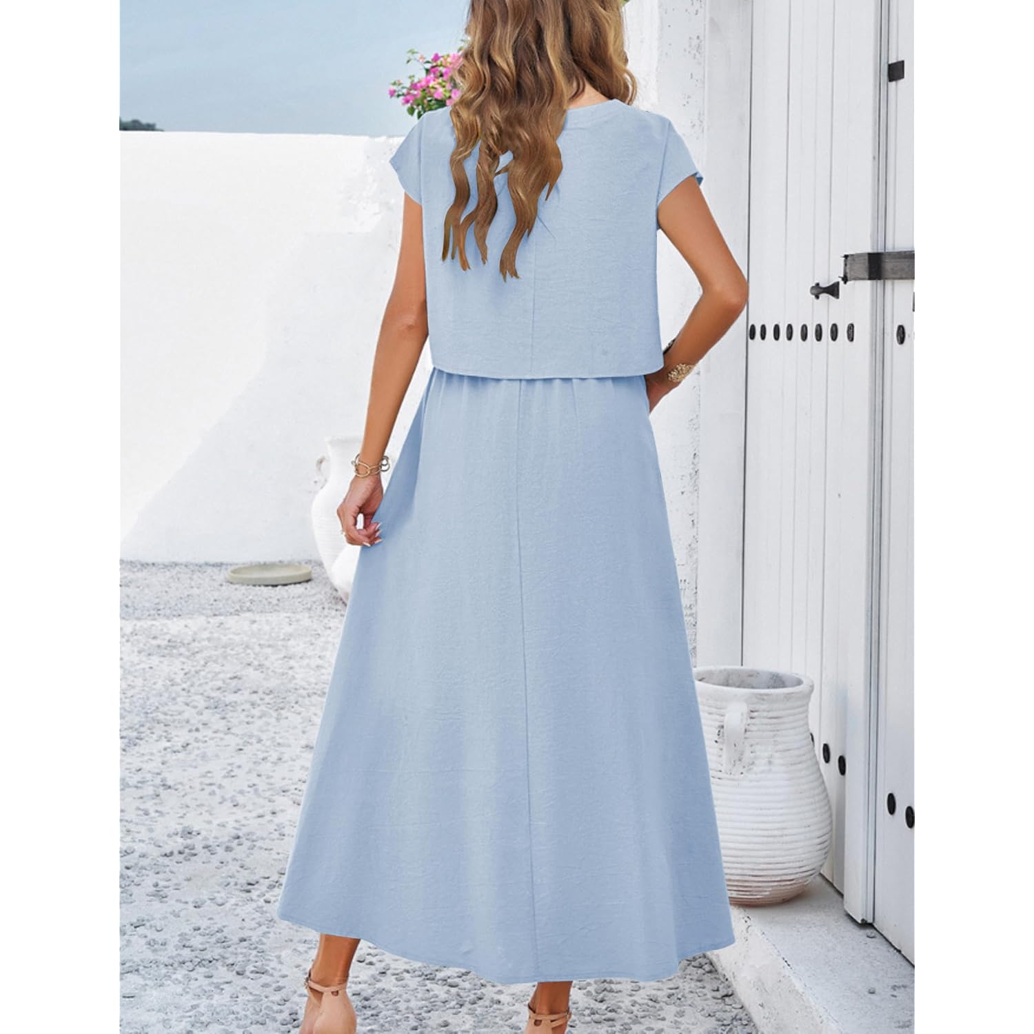Hangnifang Summer Skirt Sets Women 2 Piece Outfits Cap Sleeve Top Elastic Waist Maxi Dress Sets With Pockets