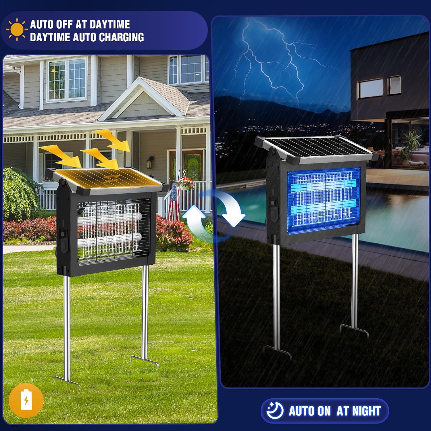 Solar Bug Zapper Outdoor, 4500V Mosquito Zapper Waterproof With Panel Sensor Electric Fly Zapper Rechargeable Mosquito Killer With 10Ft Extension Cord, Fly Trap Ideal For Patio, Backyard, Camping