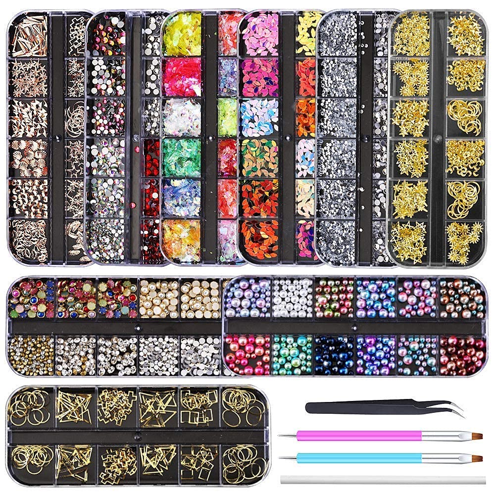 Artdone 9 boxes Nail Rhinestones Glitter Gems Diamonds Studs Crystals Sequins Kit With 1 Tweezers and 3 Pen for Nail Art Supplies Accessories