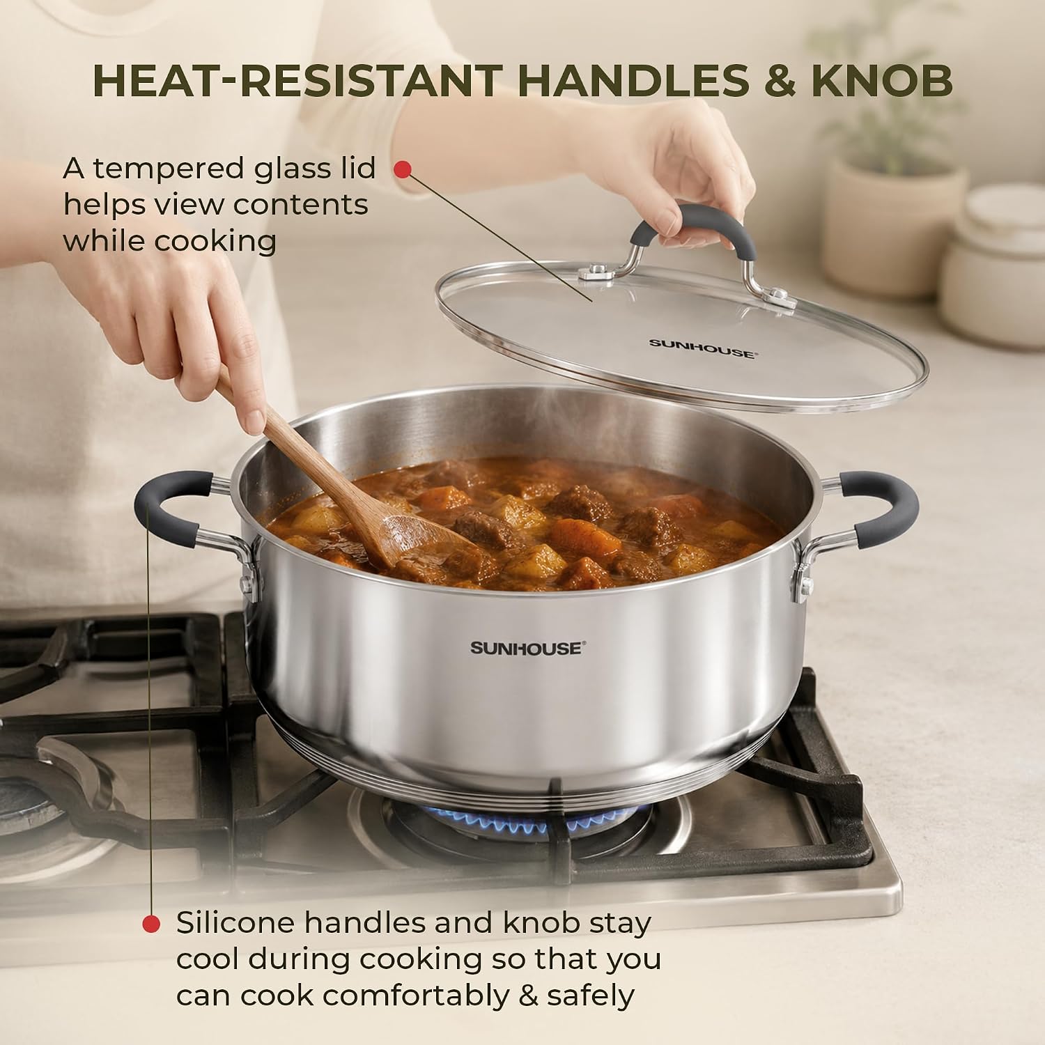 Sunhouse 3.1 Qt Stainless Steel Steamer Pot For Cooking Vegetables | Steaming Pot With Glass Lid & Steamer Basket - 2 Tier Tri-Ply Stovetop Steamer For Vegetable, Veggie - Induction Compatible