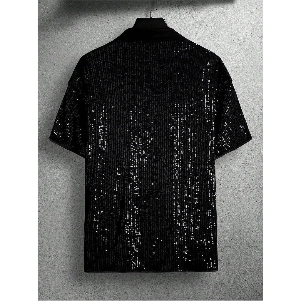 Men'S Sequin Button Down Shirts Sparkle 70S Disco Short Sleeve Party Shirt Tops