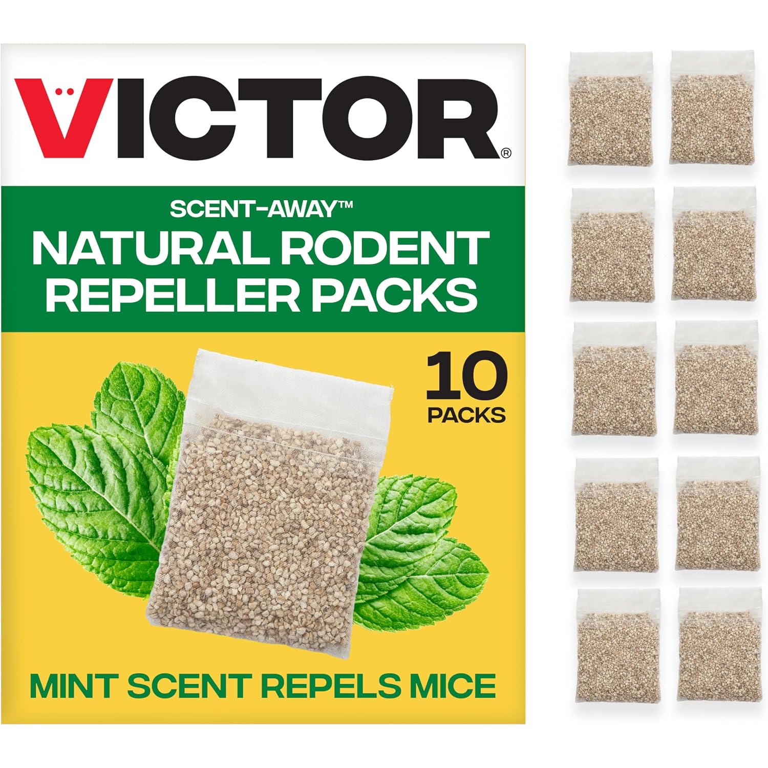Victor Scent-Away Mouse Repellent Pouches 10-Pack, Natural Rodent Deterrent | Indoor Outdoor Pest Control, Peppermint Oil Granules, Mice And Rat Protection For Home, Garage, Vehicle, M805B-2Sr