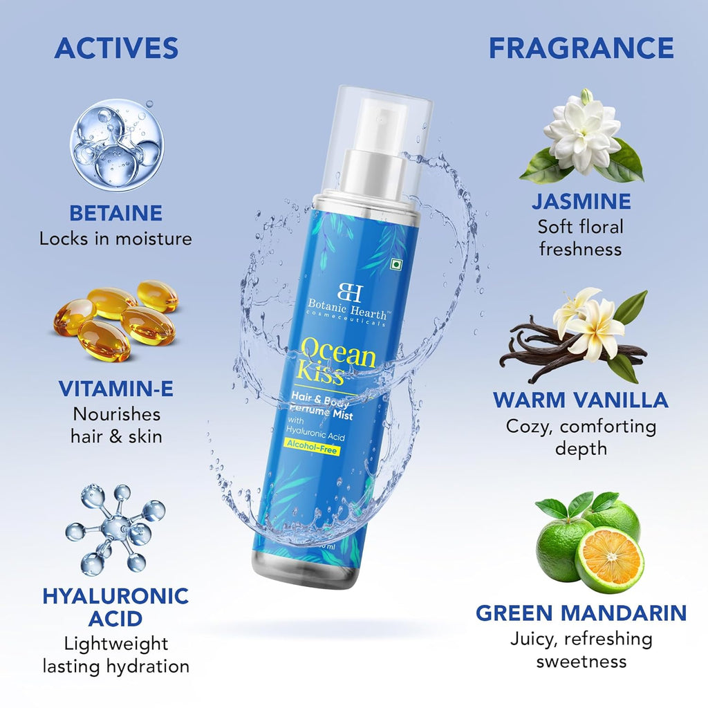 Botanic Hearth Ocean Kiss Hair Perfume & Body Mist, Long-Lasting Hair Deodorizer & Body Scent for Women & Men, Alcohol-Free Clean Fragrance Hair Spray For Everyday Wear, All Day Freshness, 3.4 Fl Oz