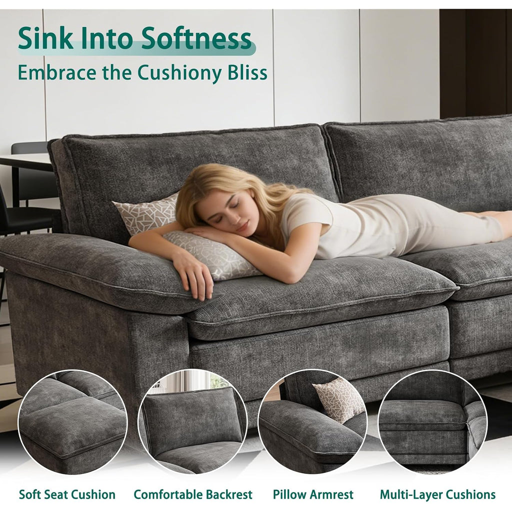 L Shaped Modular Sectional Couches For Living Room, Cloud Couch Sofa With Movable Ottoman, Comfy Chenille Couch, Seats 4, Dark Gray